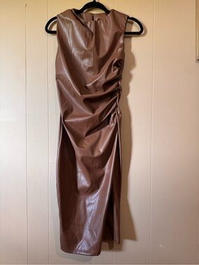 SHEIN Brown Sleeveless Faux Leather Ruched Midi Dress